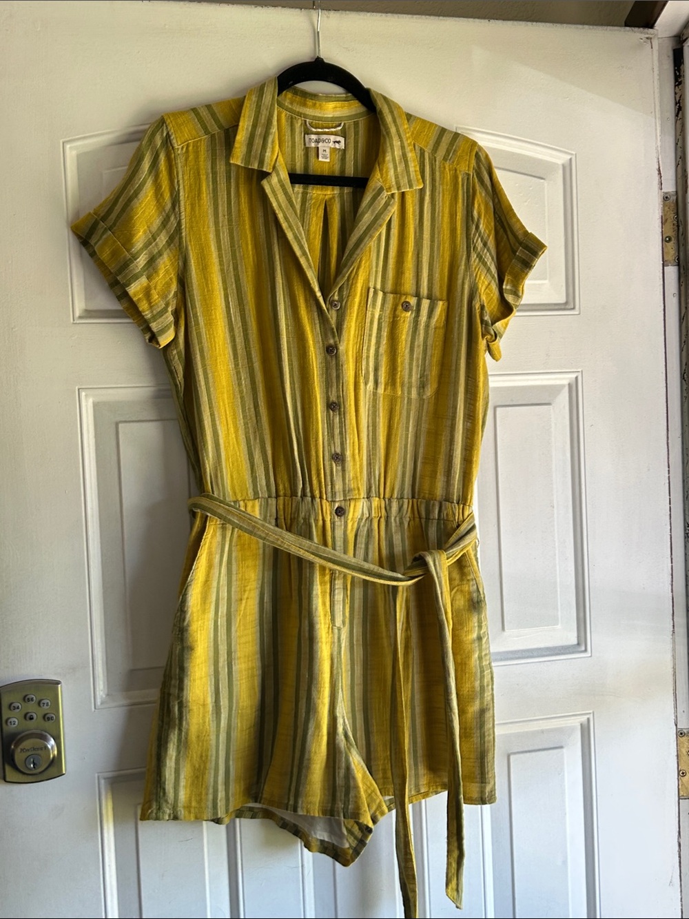 TOAD&CO CAMP COVE RUMPER IN YELLOW&GREEN STRIPED ORGANIC COTTON SZ M
